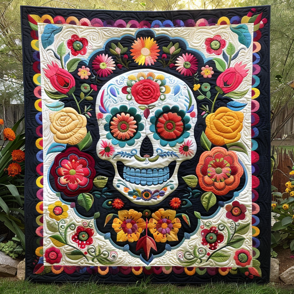 Floral Calavera Quilted Blanket - Throw (55" x 60")