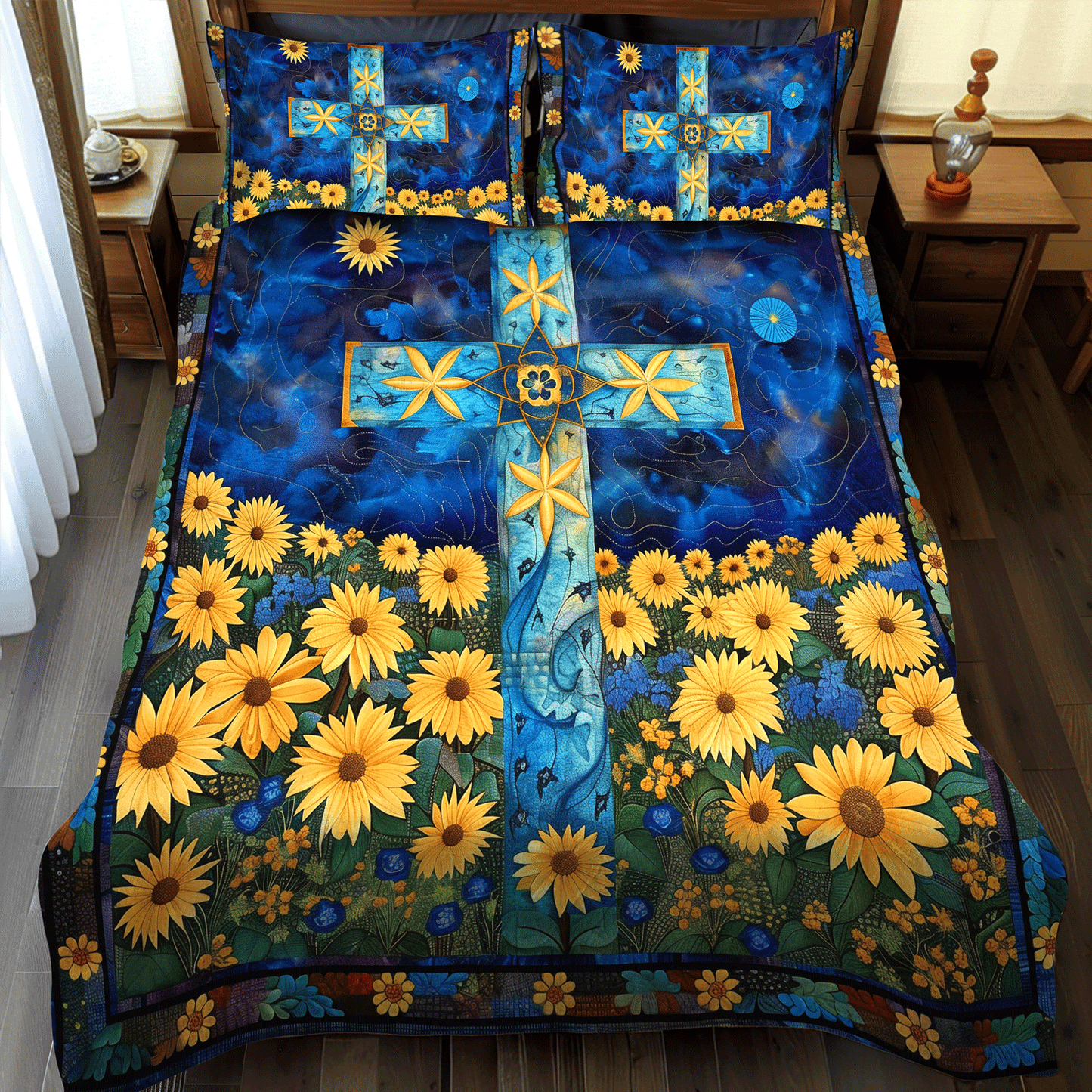 Floral Cross 3-Piece Quilted Bedding Set - Single (59" x 70")