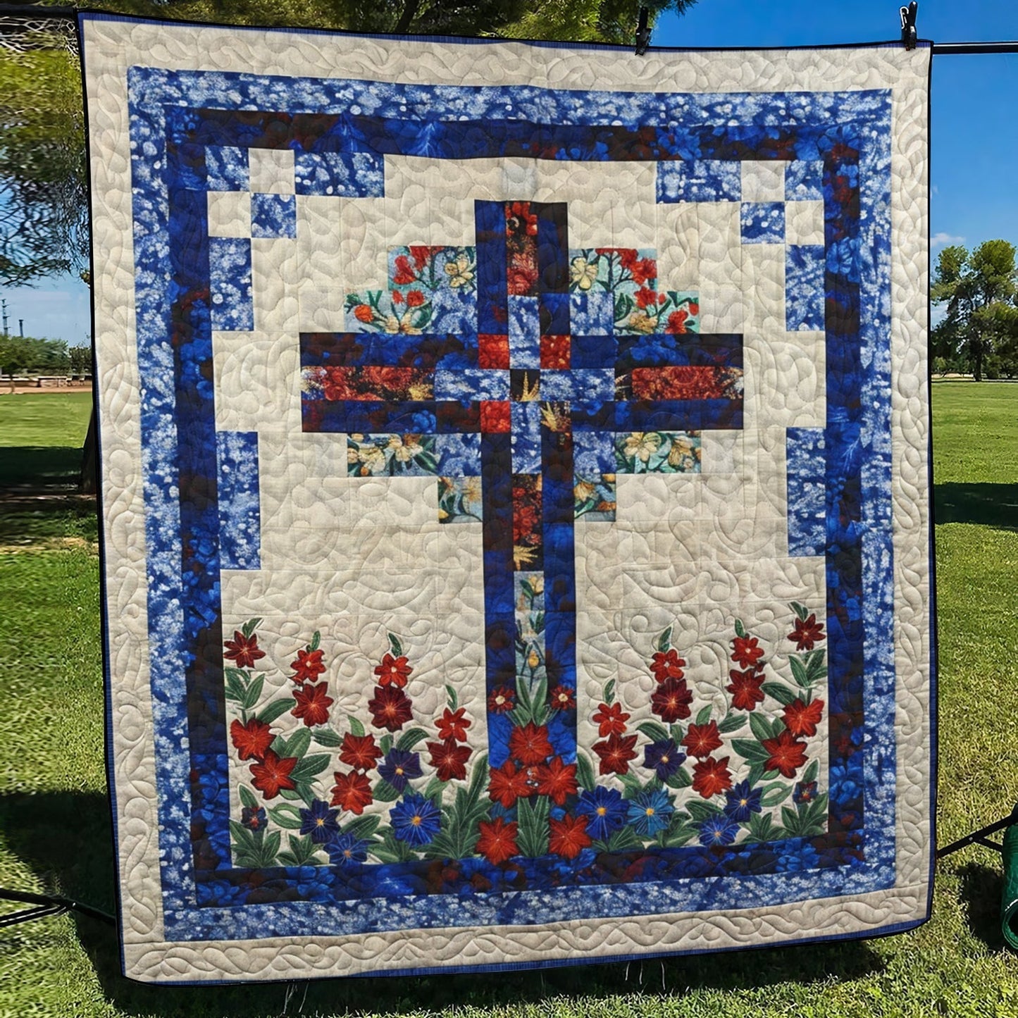 Floral Cross Quilted Blanket - Throw (55" x 60")
