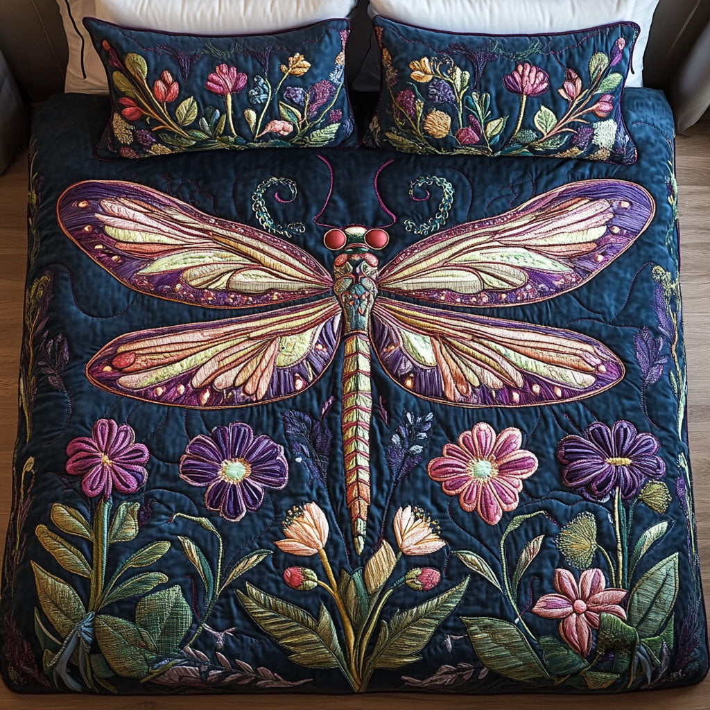 Floral Dragonfly Dreams 3-Piece Quilted Bedding Set - Single (59" x 70")
