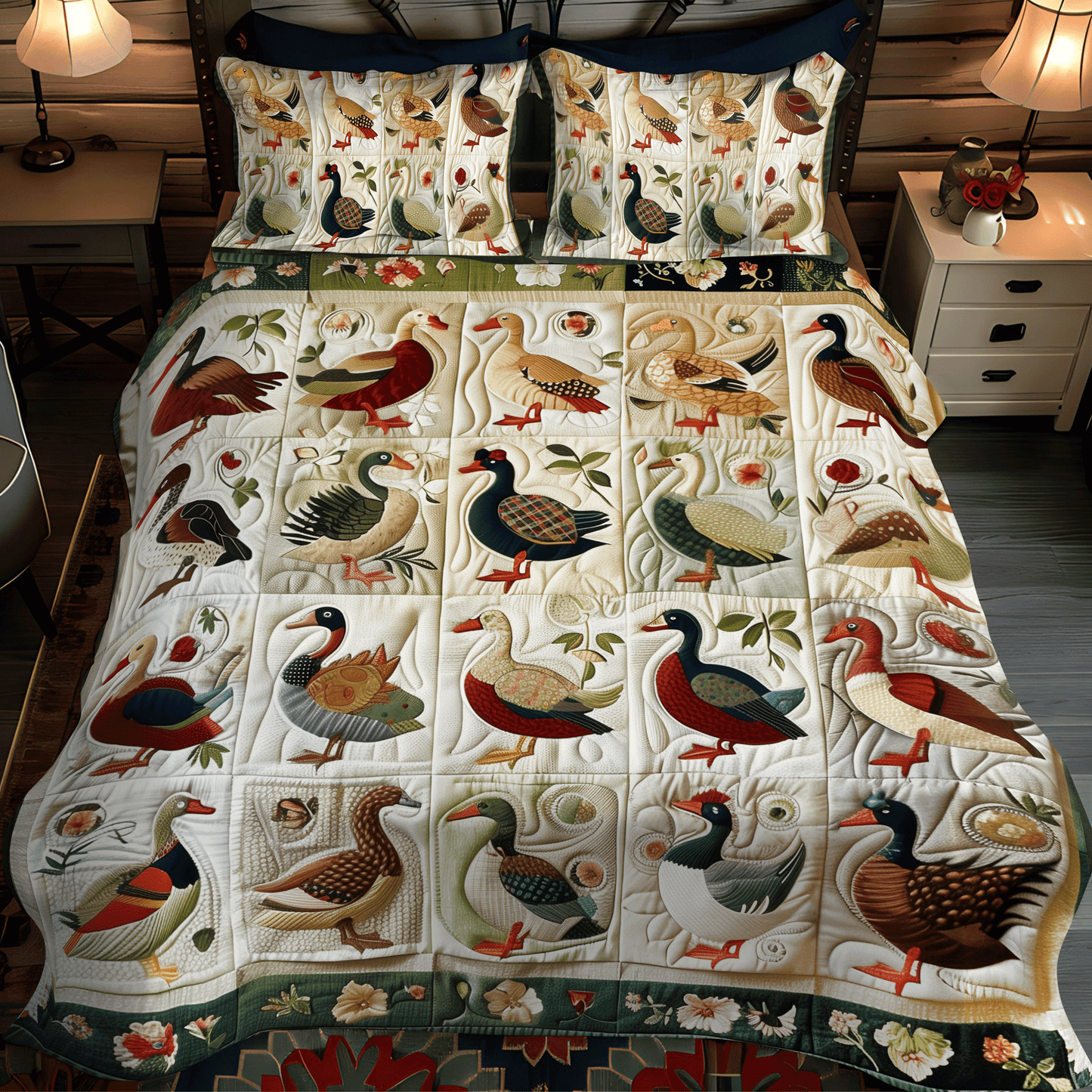 Floral Duck 3-Piece Quilted Bedding Set - Single (59" x 70")