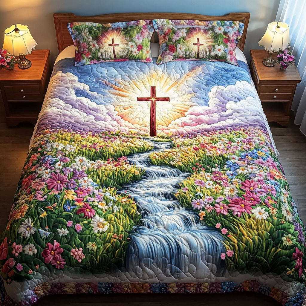 Floral Path Cross 3-Piece Quilted Bedding Set - Single (59" x 70")
