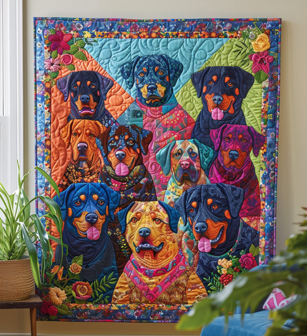 Floral Paws & Rottweiler Quilted Blanket - Throw (55" x 60")