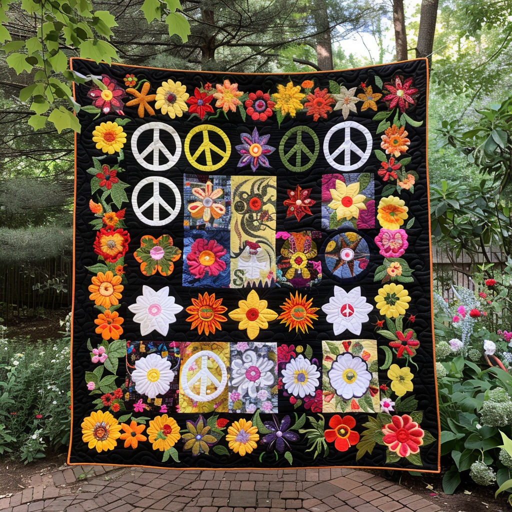 Floral Peace Sign Quilted Blanket - Throw (55" x 60")