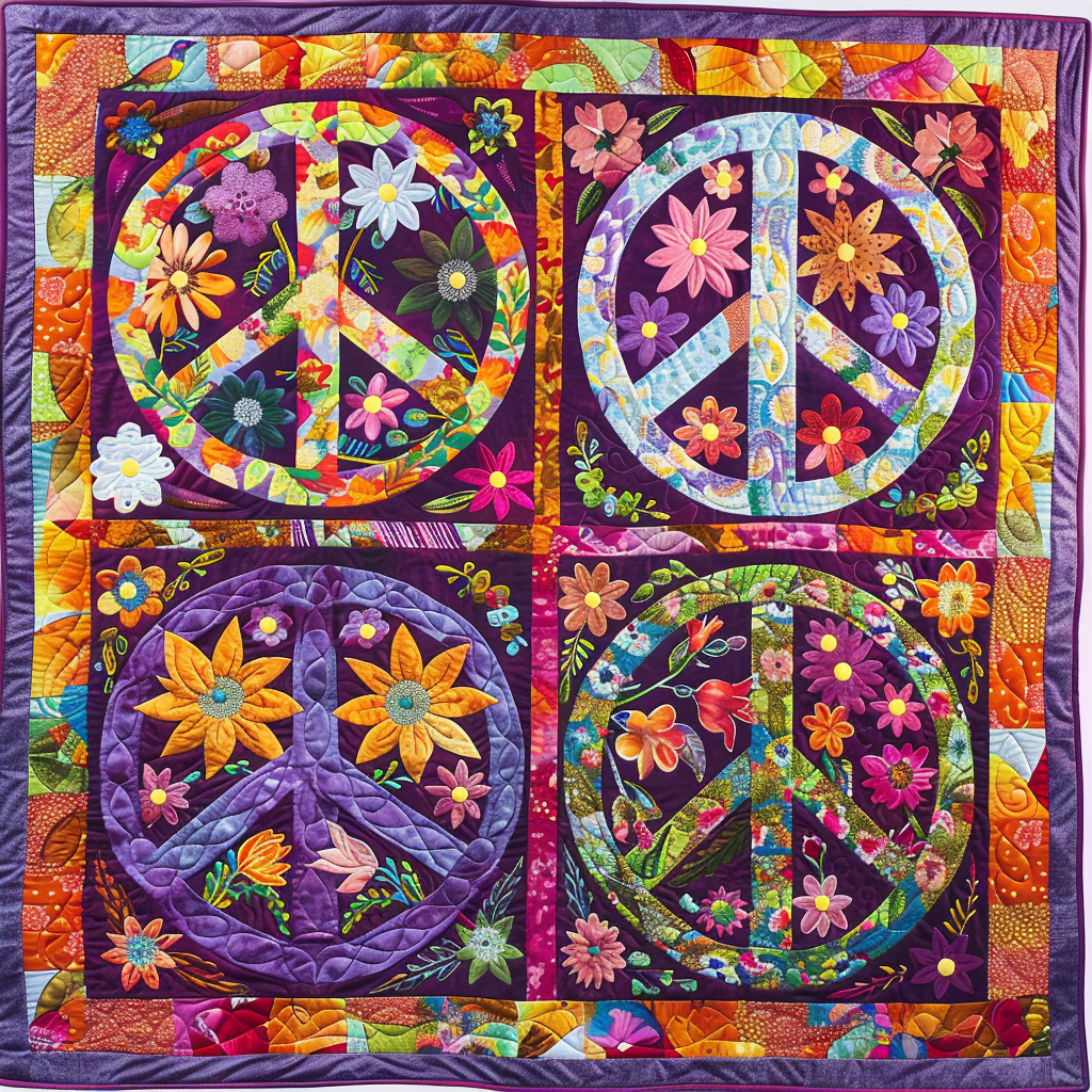 Floral Peace Signs Quilted Blanket - Throw (55" x 60")