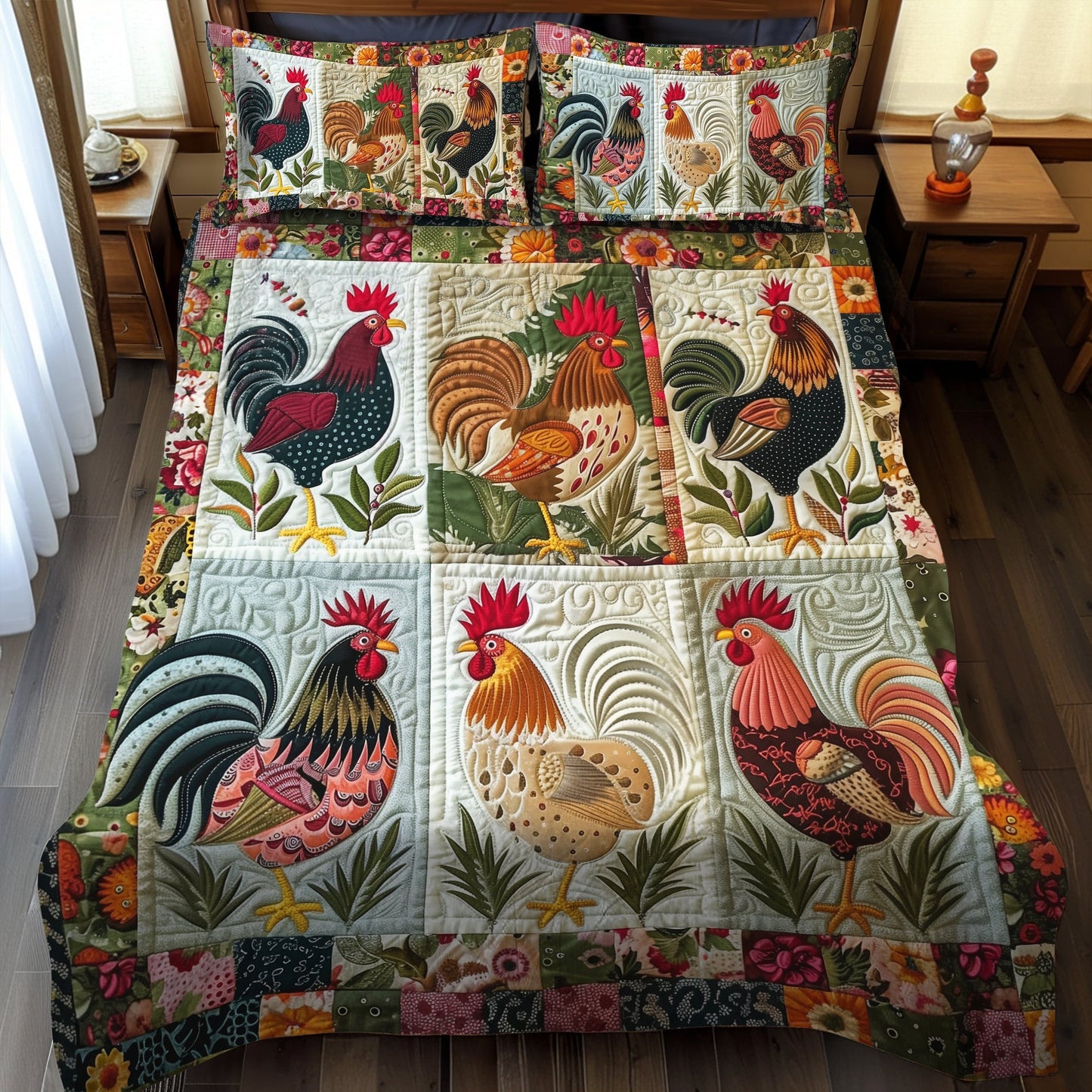 Floral Rooster 3-Piece Quilted Bedding Set - Single (59" x 70")