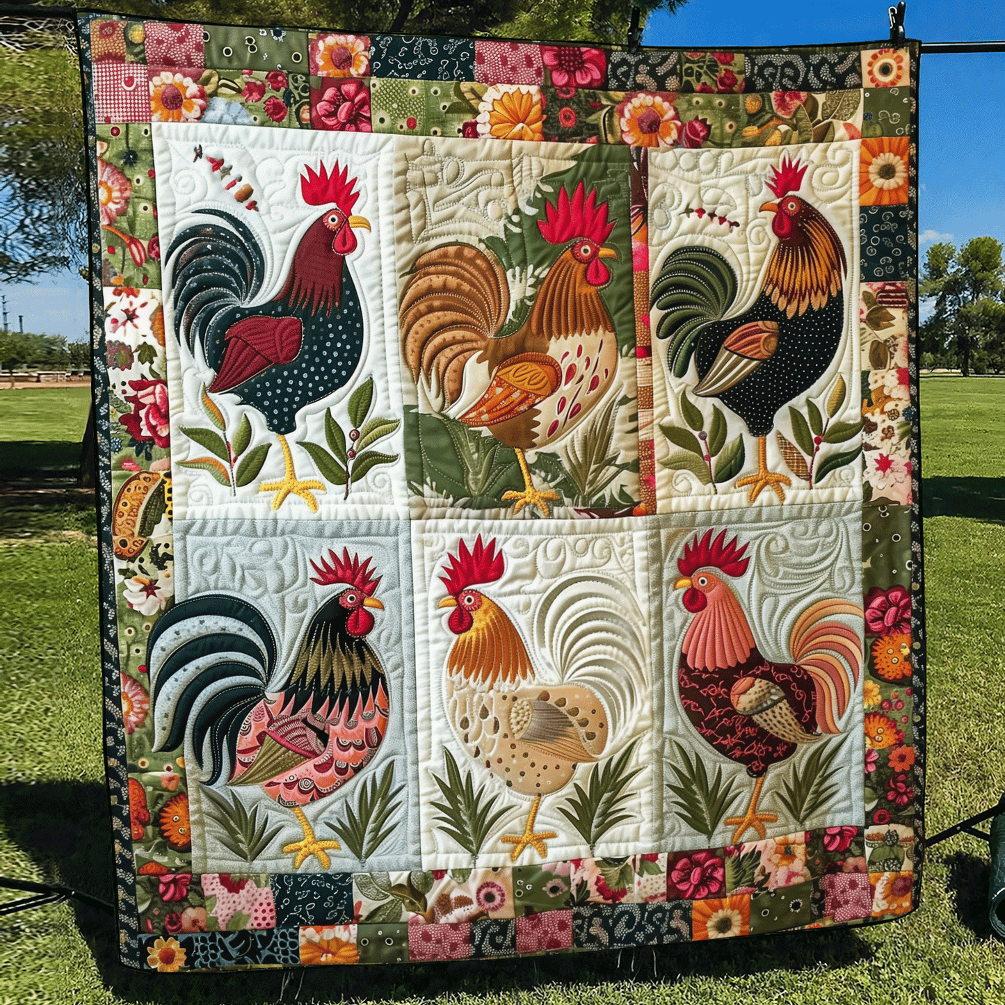 Floral Rooster Quilted Blanket - Throw (55" x 60")