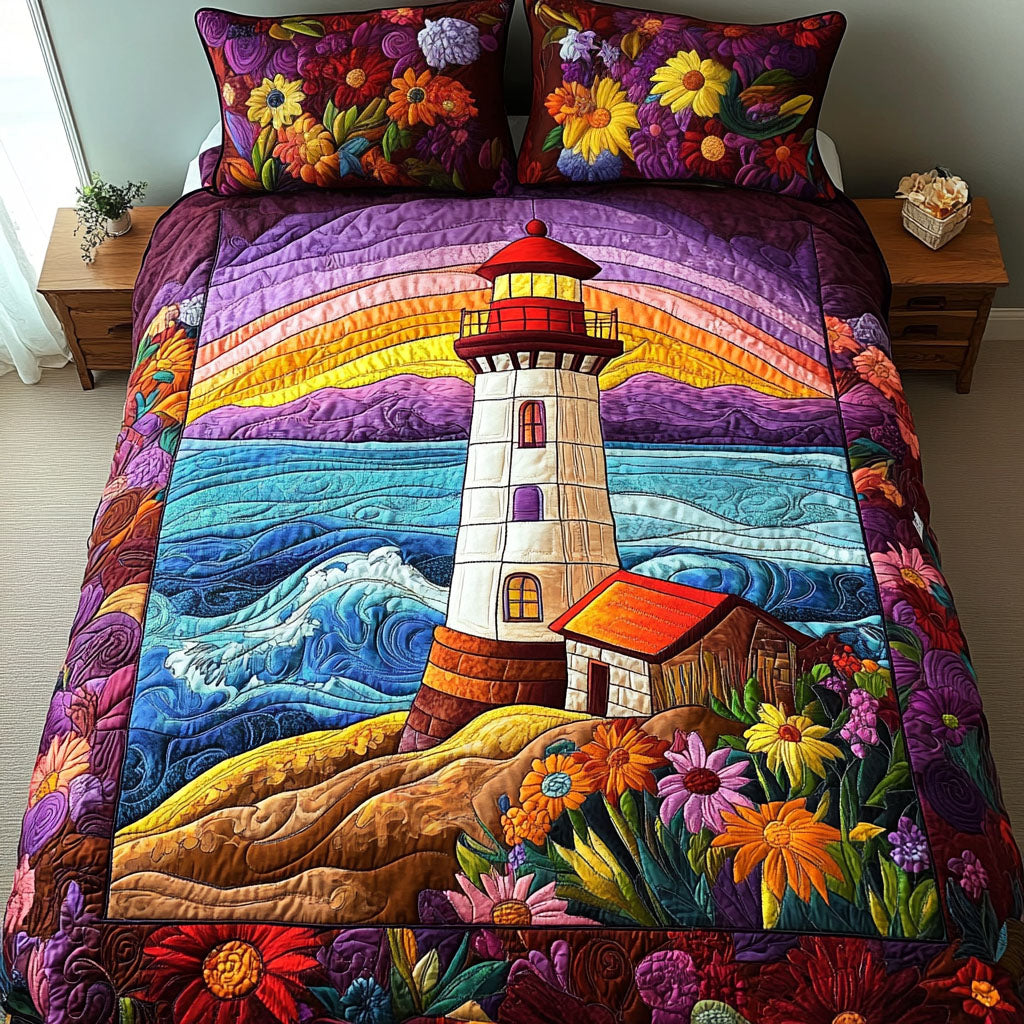 Floral Sunset Lighthouse 3-Piece Quilted Bedding Set - Single (59" x 70")