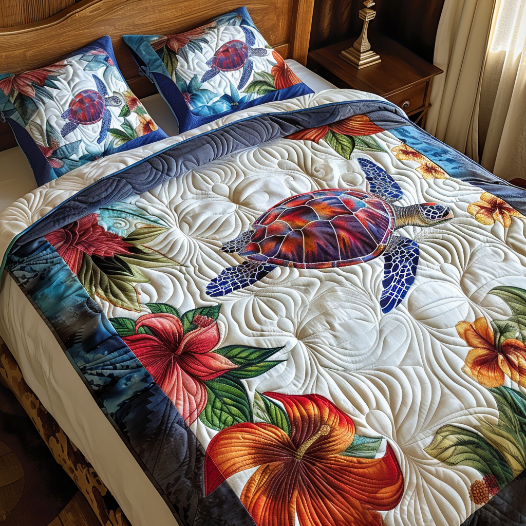 Floral Turtle Quilted Bedding Set - Single (59" x 70")