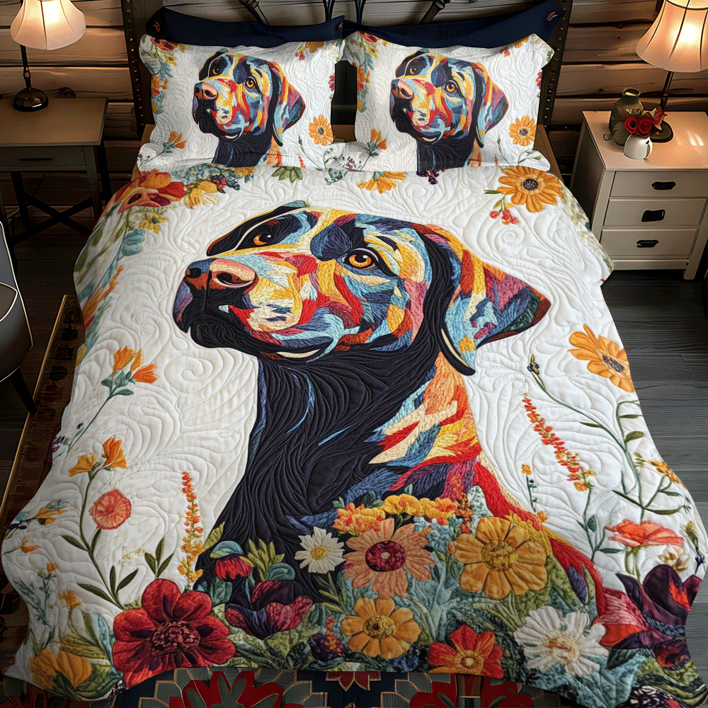 Floral Adorable Labrador 3-Piece Quilted Bedding Set - Single (59" x 70")