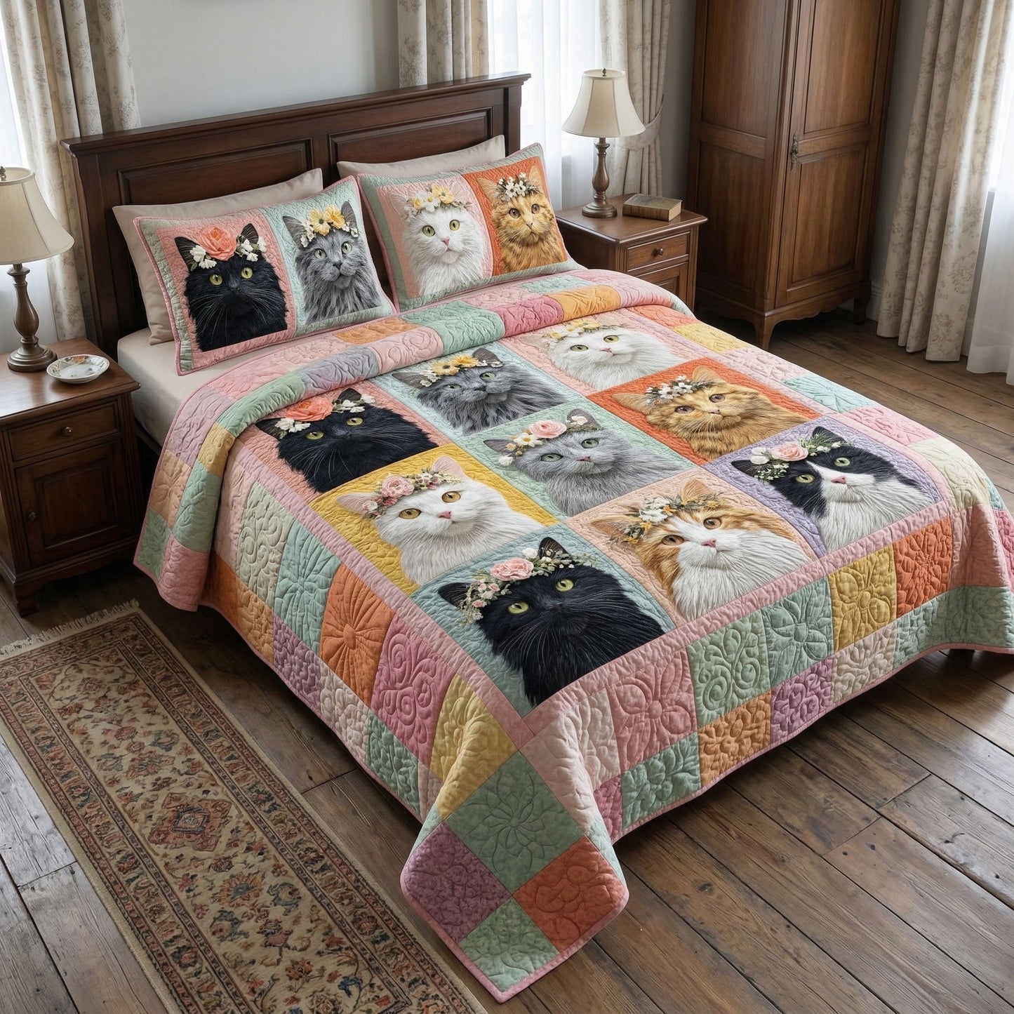 Floral Cat Patchwork 3-Piece Quilted Bedding Set - Single (59" x 70")