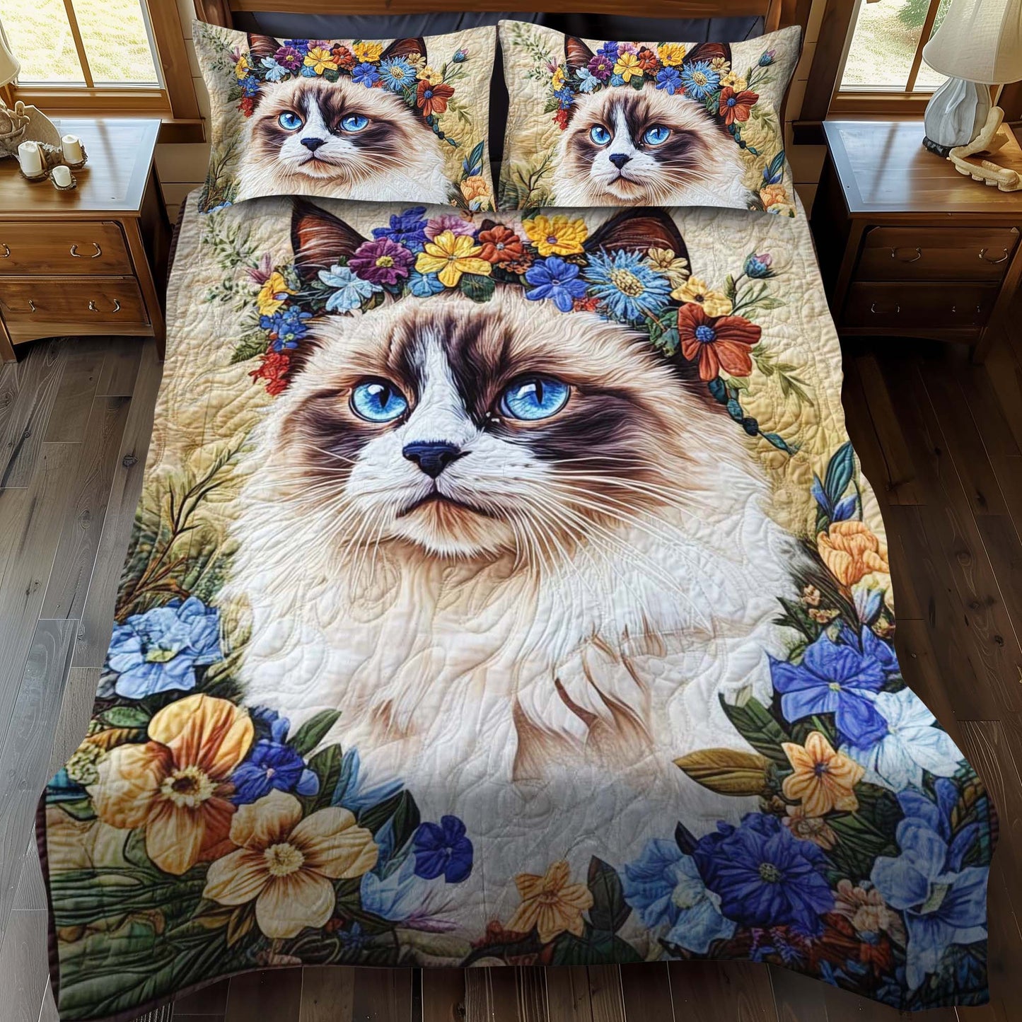 Floral Crown Cat 3-Piece Quilted Bedding Set - Single (59" x 70")