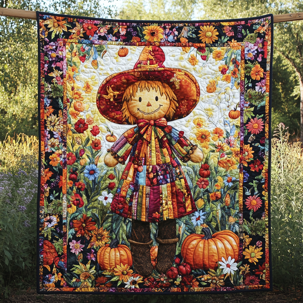 Floral Farmhous Scarecrow Quilted Blanket - Throw (55" x 60")