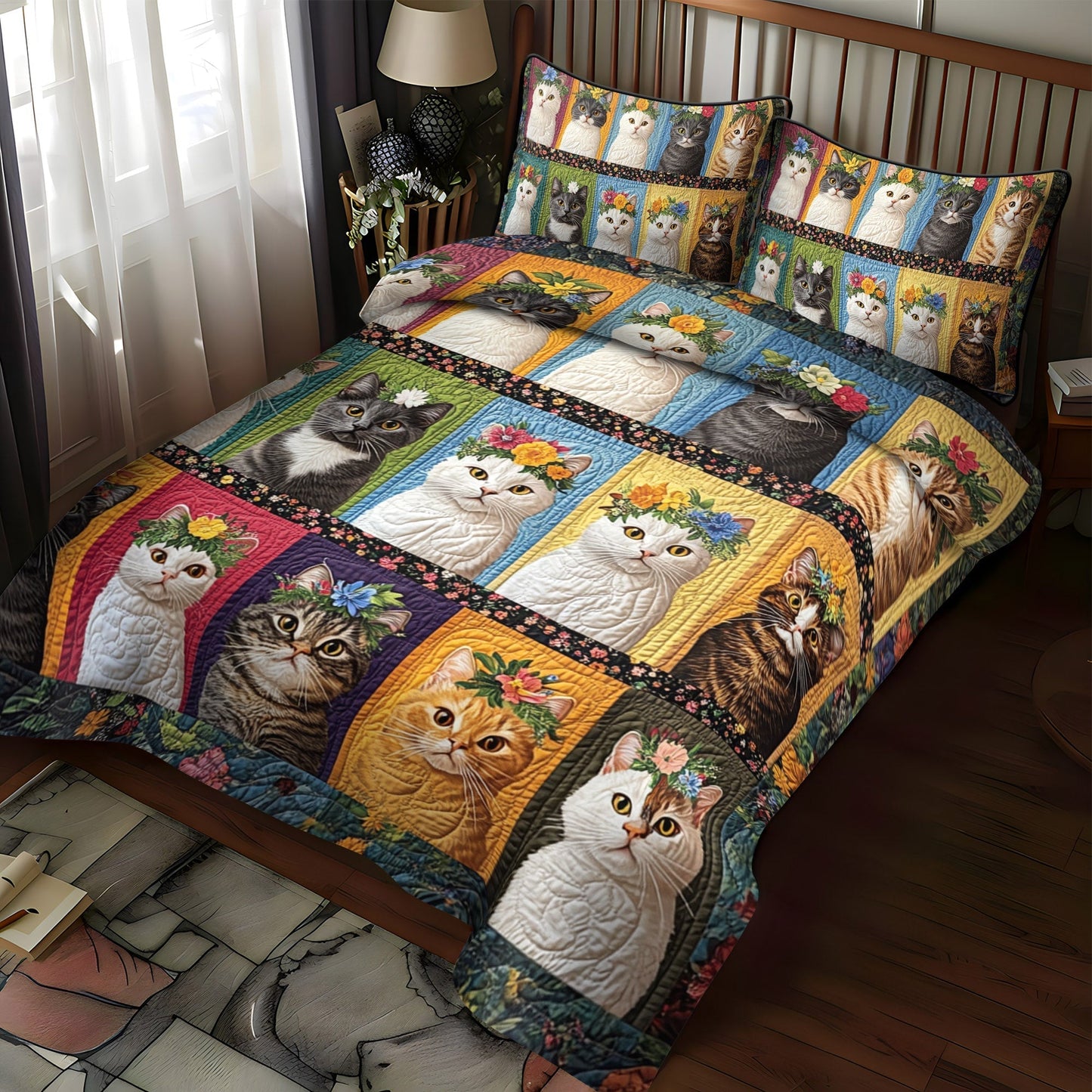 Floral Feline 3-Piece Quilted Bedding Set - Single (59" x 70")