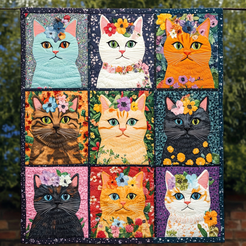 Floral Feline Fantasy Quilted Blanket - Throw (55" x 60")