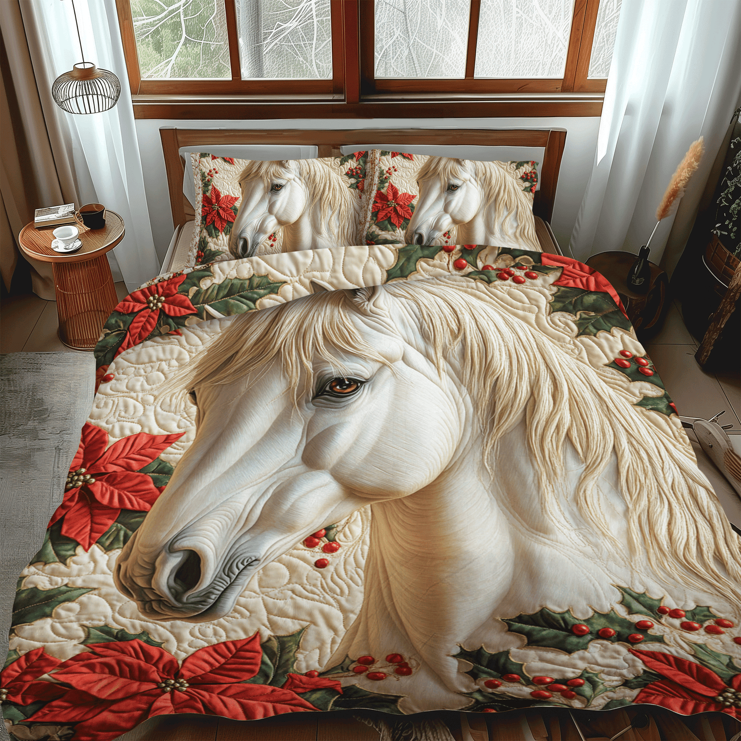 Floral Horse Quilted Bedding Set - Single (59" x 70")