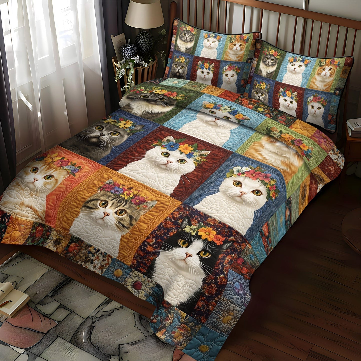 Floral Kitty 3-Piece Quilted Bedding Set - Single (59" x 70")