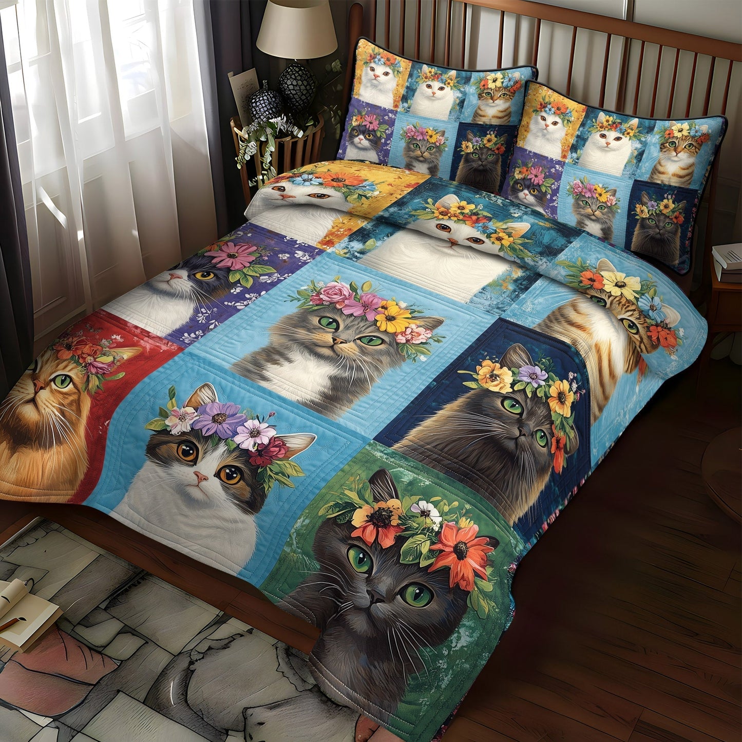 Floral Kitty Parade 3-Piece Quilted Bedding Set - Single (59" x 70")