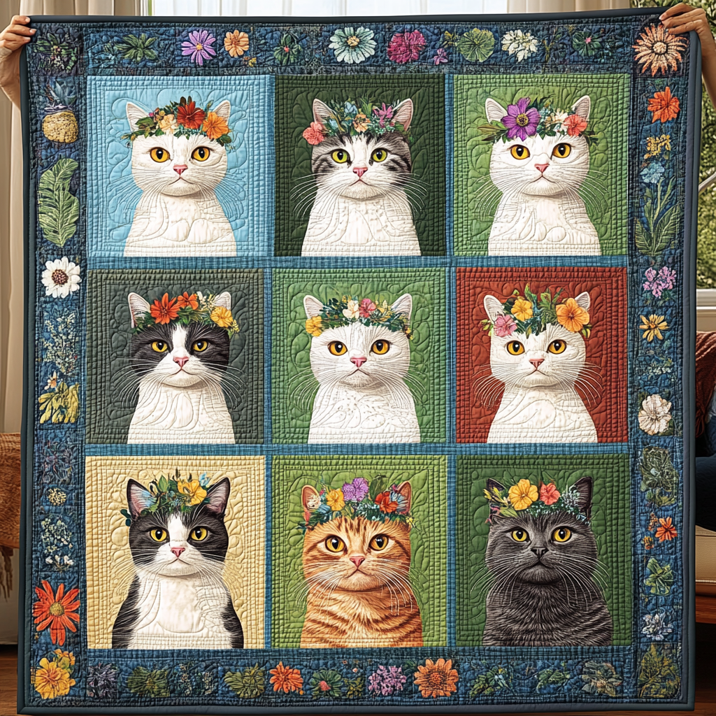 Floral Kitty Parade Quilted Blanket - Throw (55" x 60")
