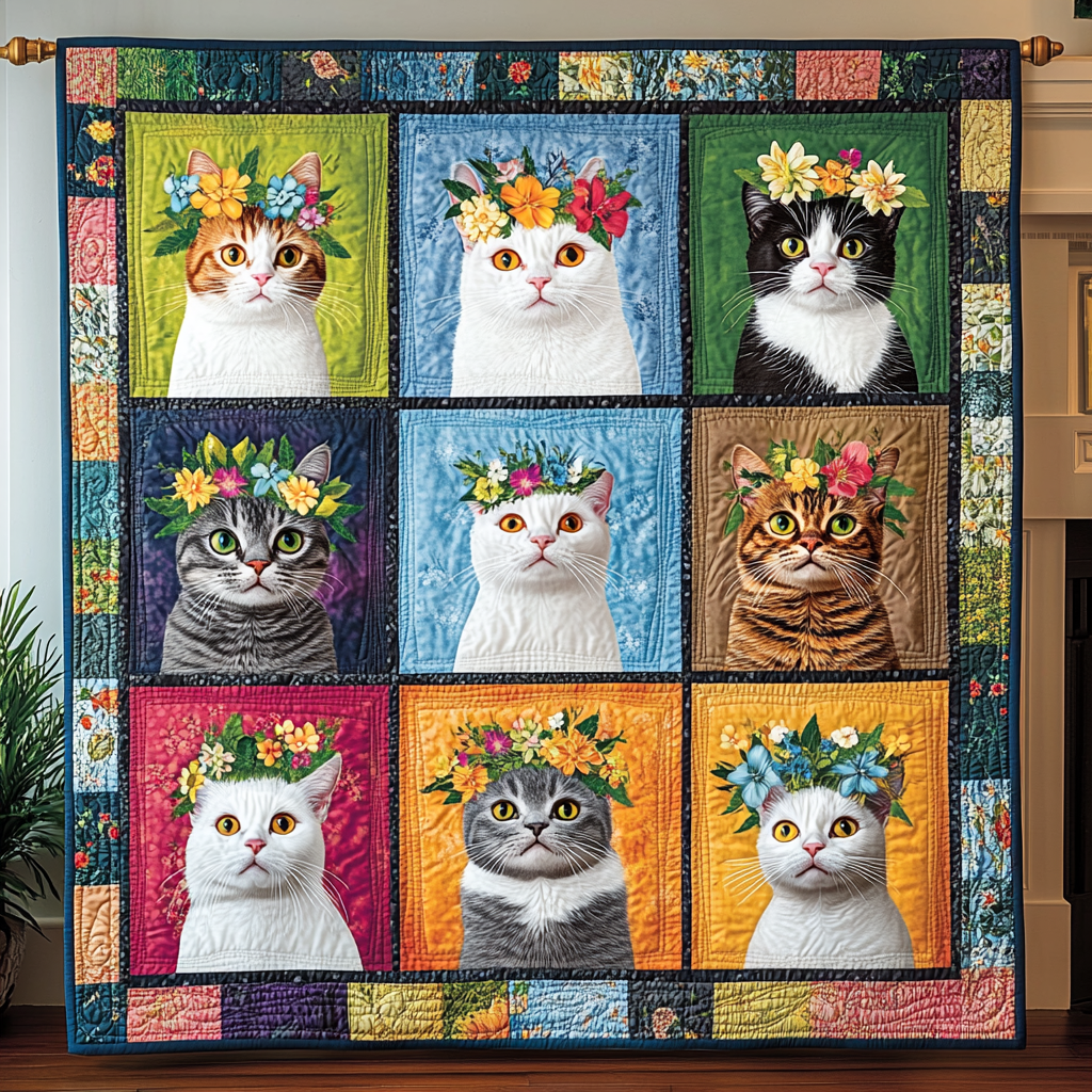 Floral Kitty Quilted Blanket - Throw (55" x 60")