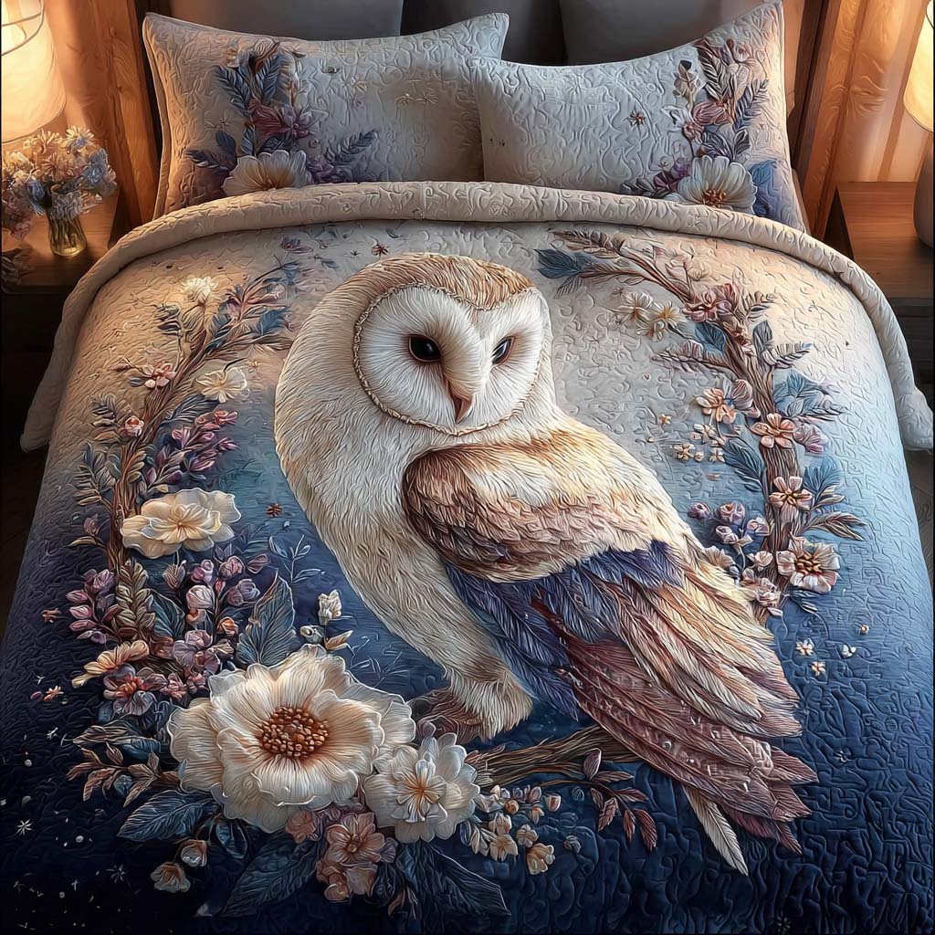 Floral Owl 3-Piece Quilted Bedding Set - Single (59" x 70")