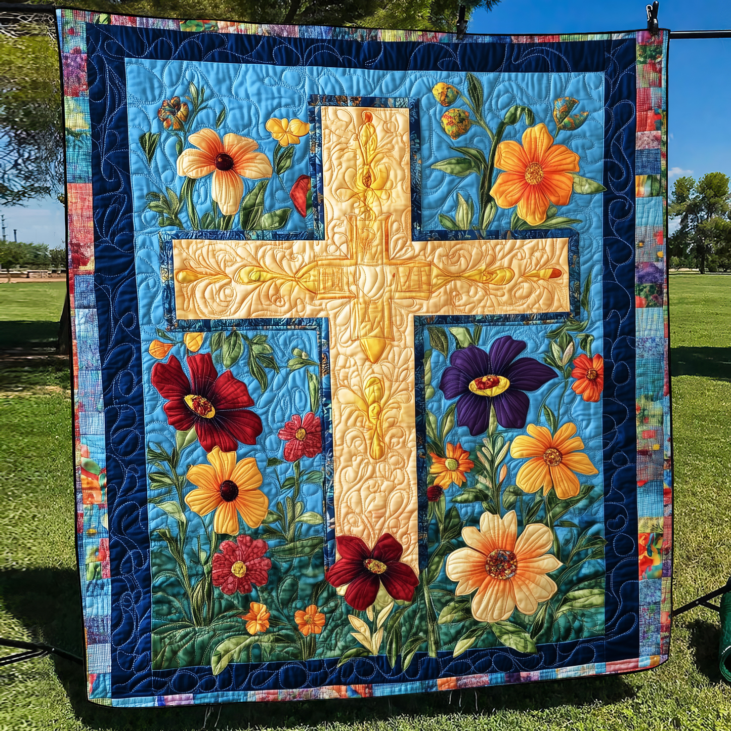 Floral Patchwork Cross Quilted Blanket - Throw (55" x 60")