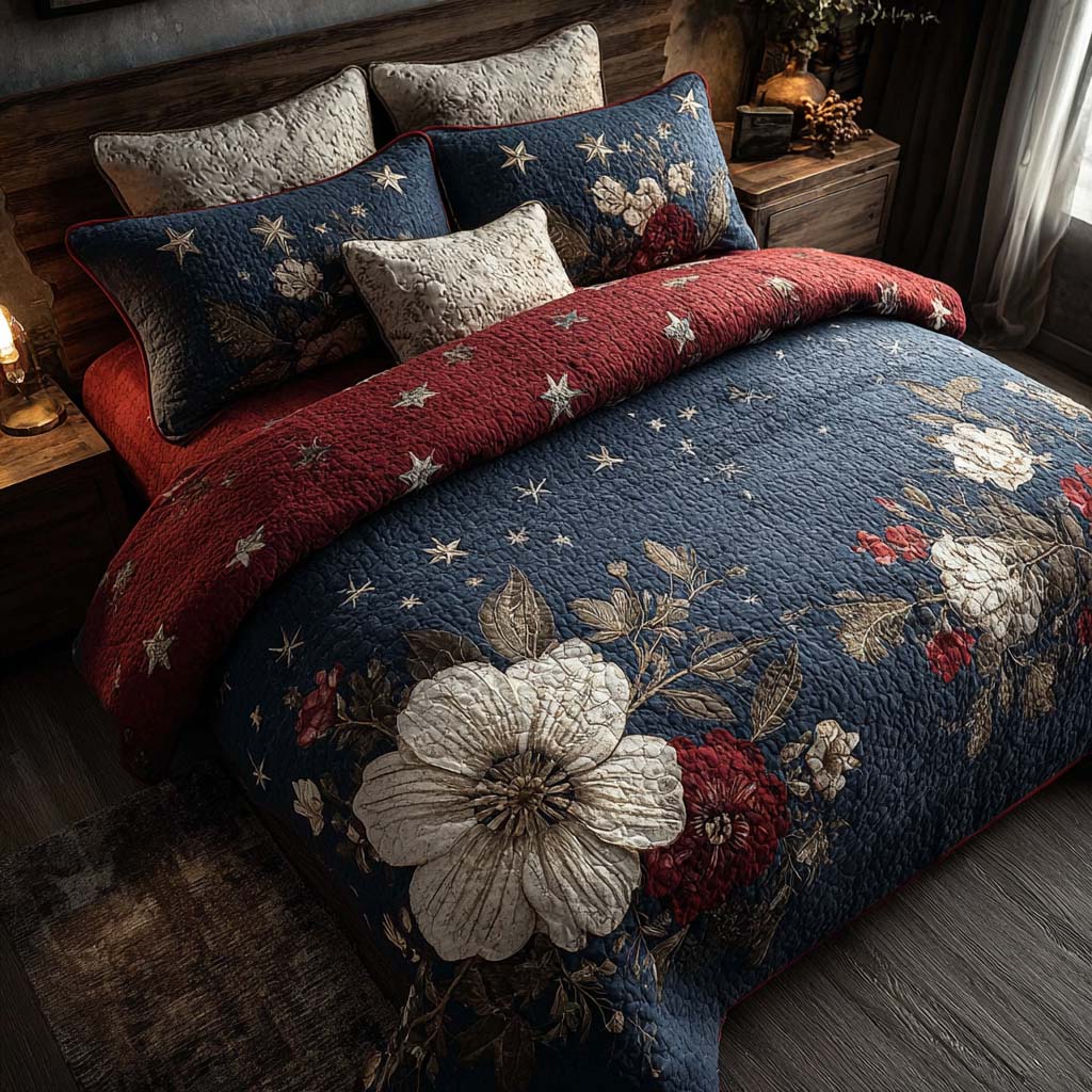 Floral Patriot 3-Piece Quilted Bedding Set - Single (59" x 70")