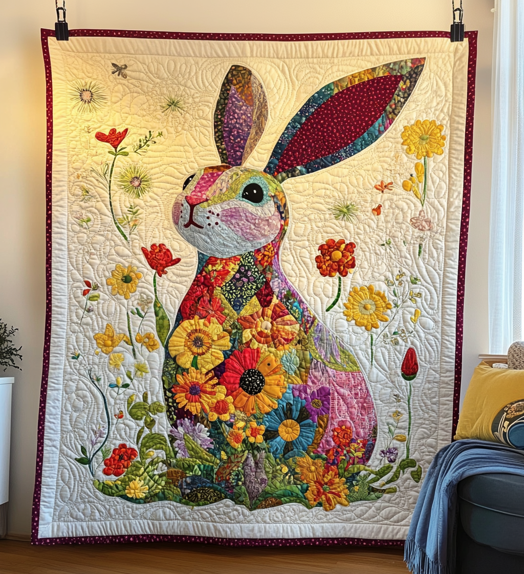 Floral Rabbit Quilted Blanket - Throw (55" x 60")