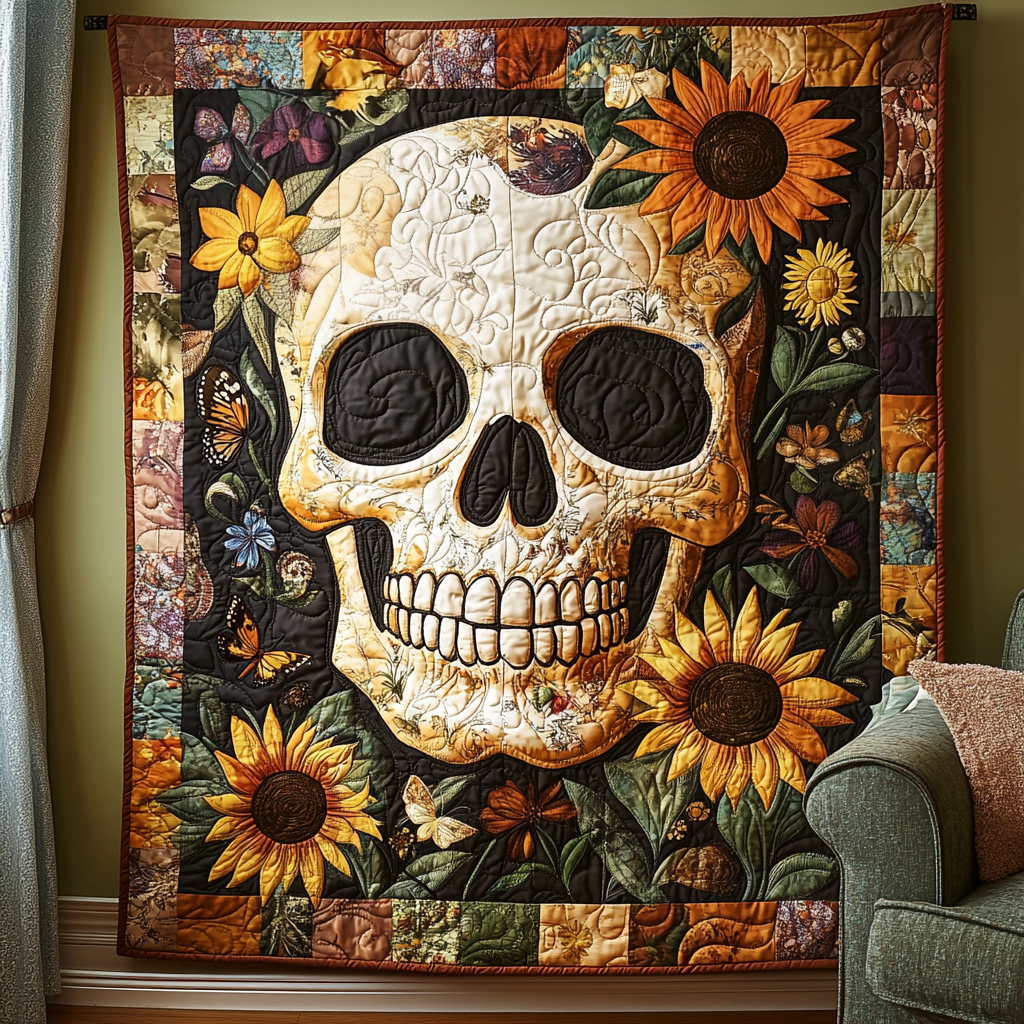 Floral Skull Artistry Quilted Blanket - Throw (55" x 60")