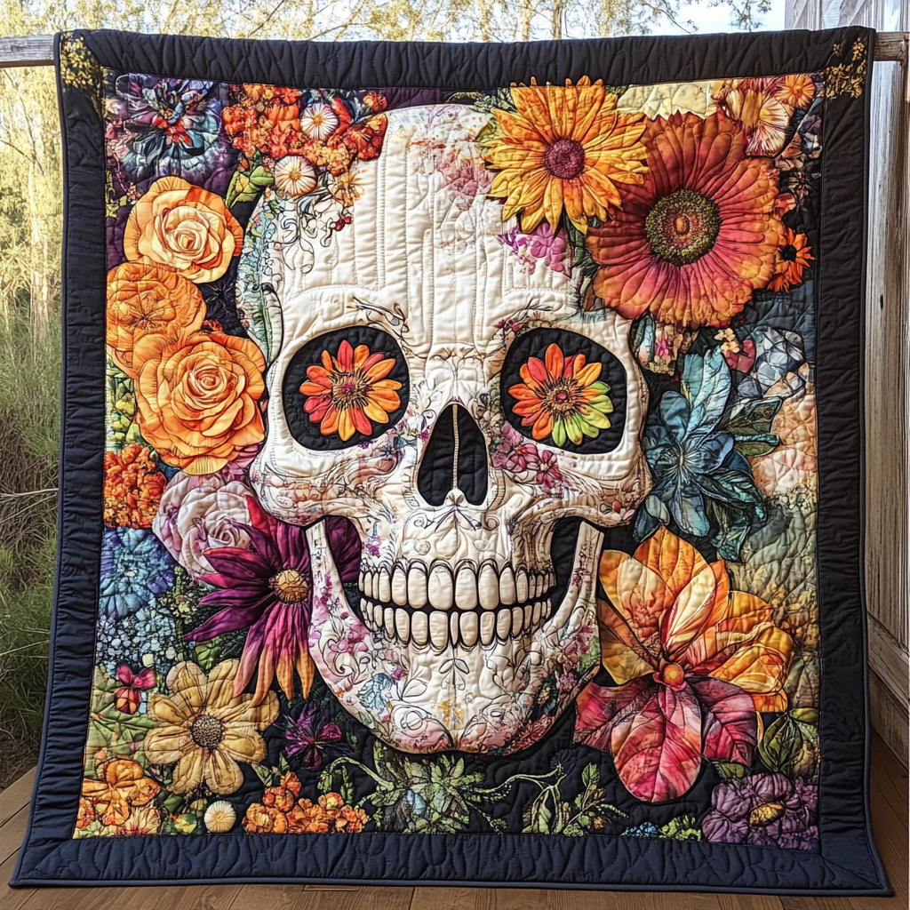 Floral Skull Charm Quilted Blanket - Throw (55" x 60")