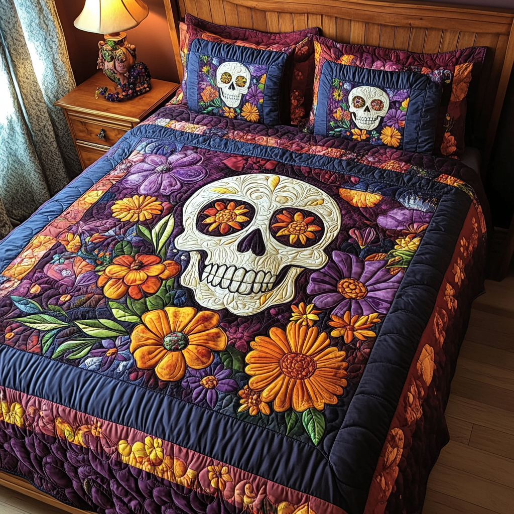 Floral Skull Love 3-Piece Quilted Bedding Set - Single (59" x 70")