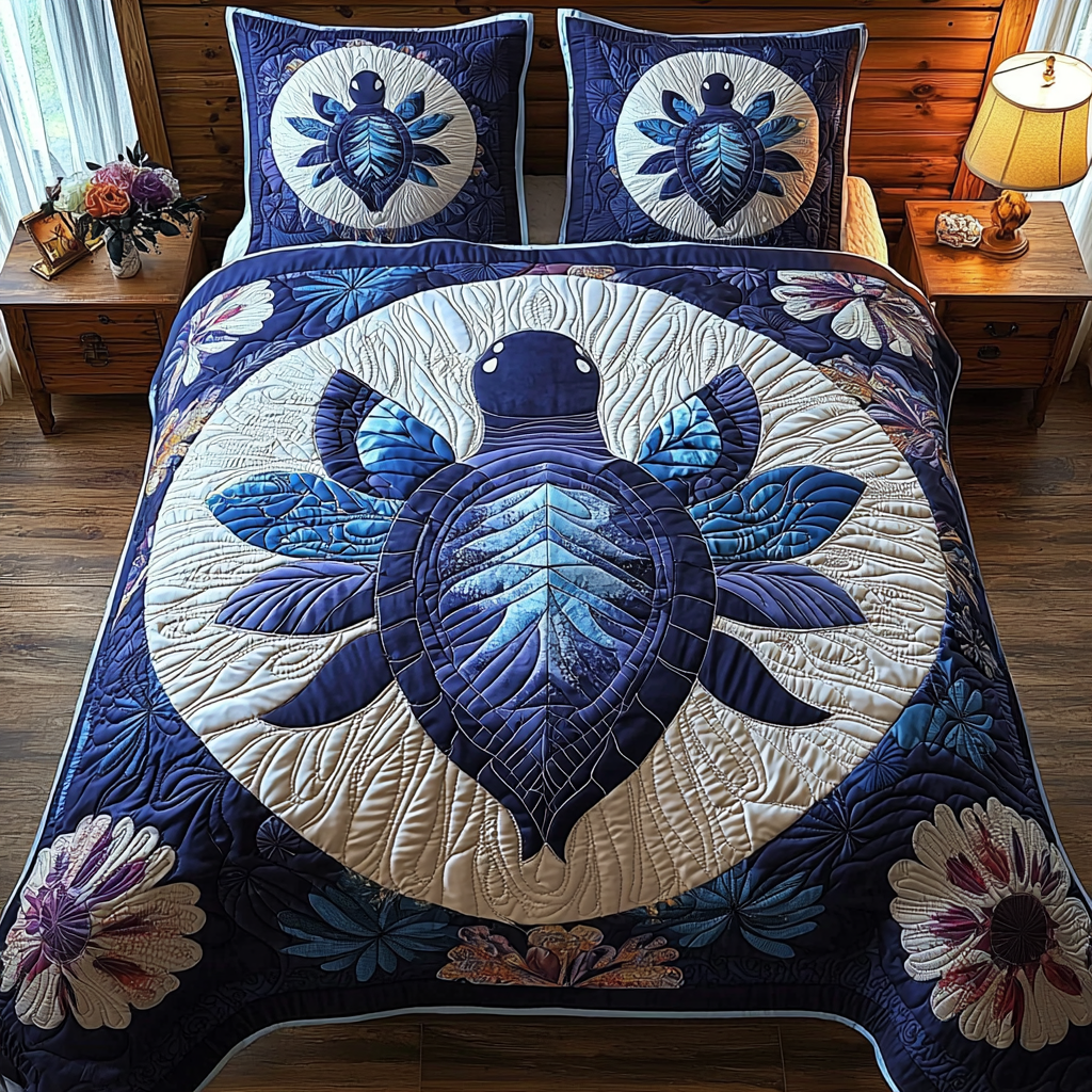 Floral Turtle 3-Piece Quilted Bedding Set - Single (59" x 70")