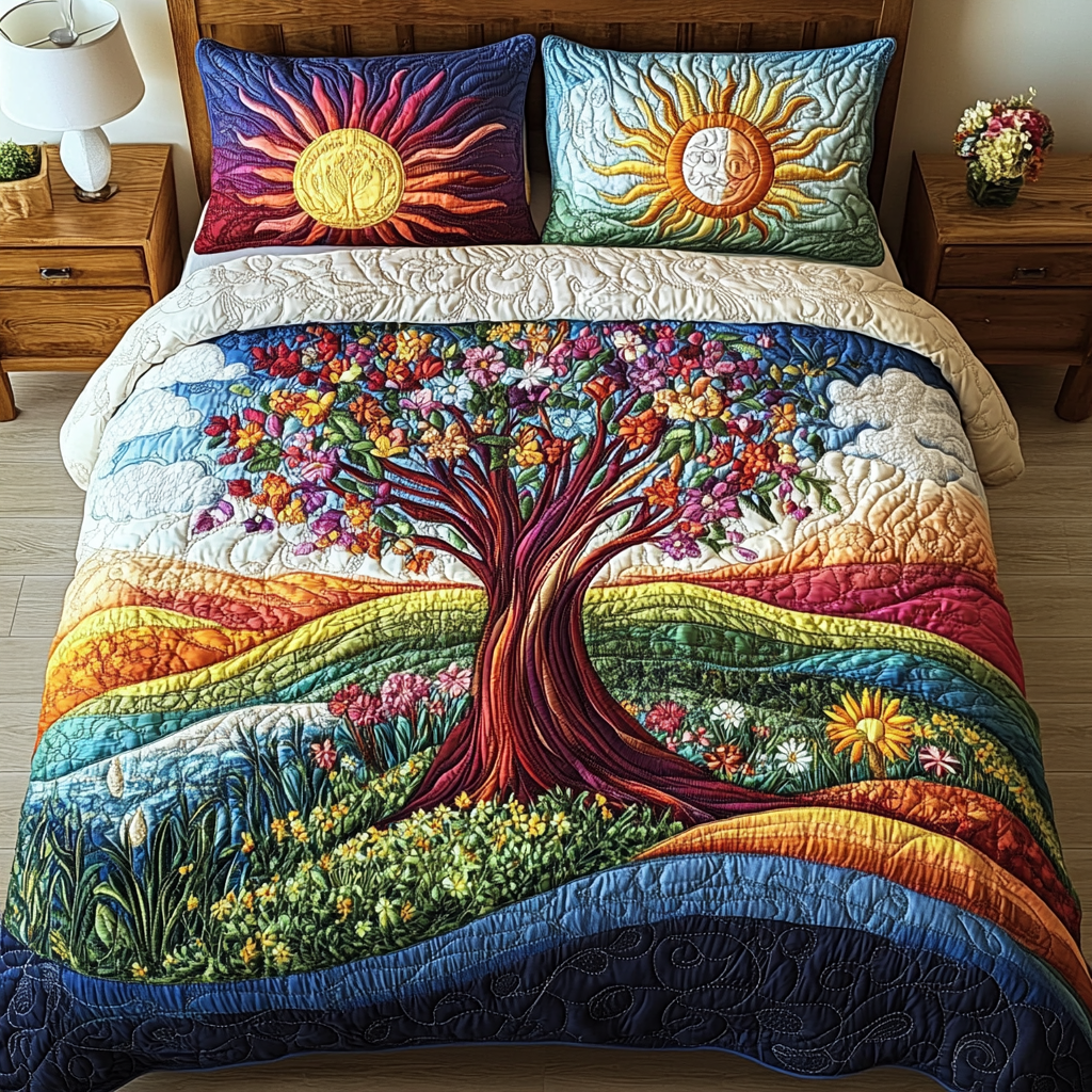 Flourishing Tree 3-Piece Quilted Bedding Set - Single (59" x 70")