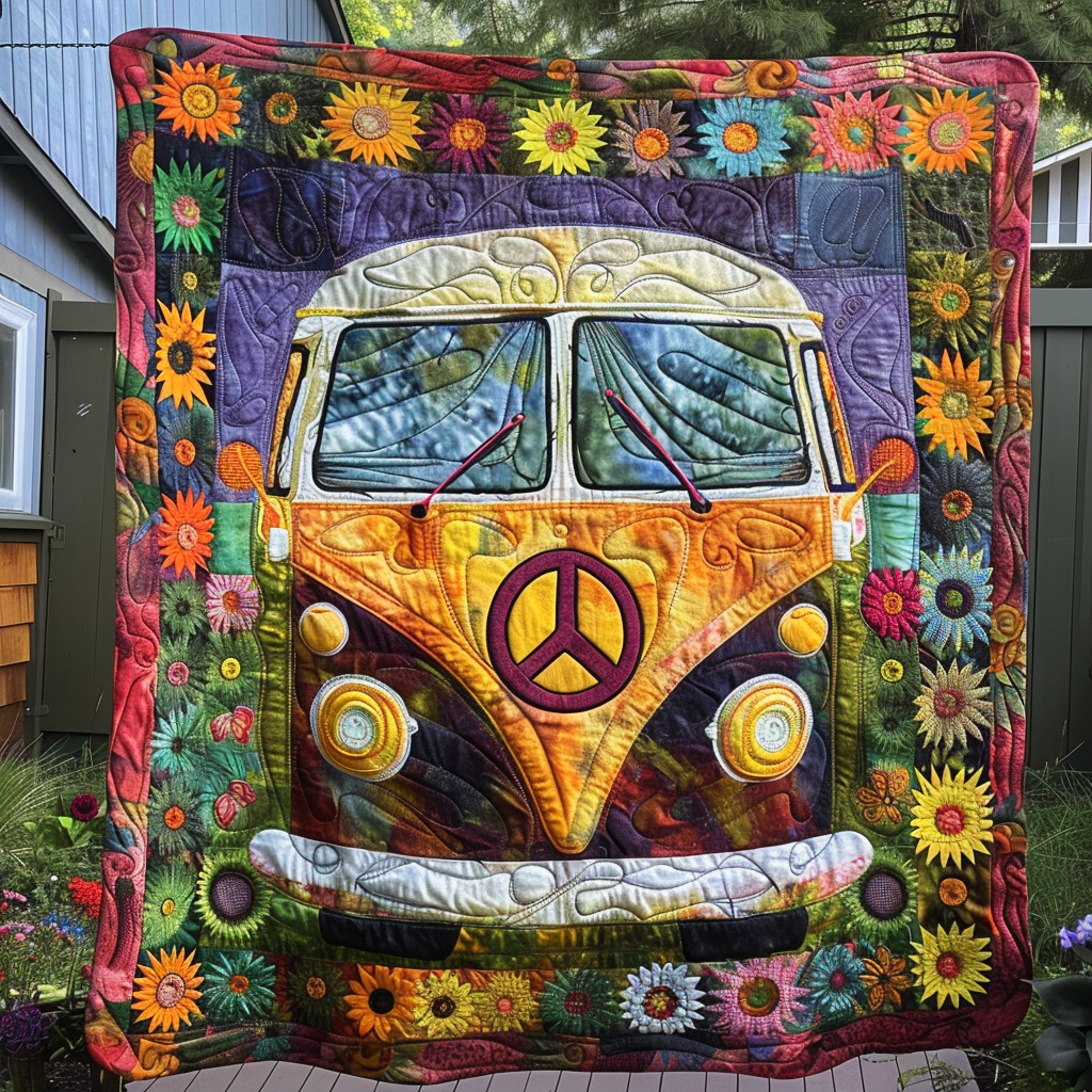 Flower Power Bus Quilted Blanket - Throw (55" x 60")