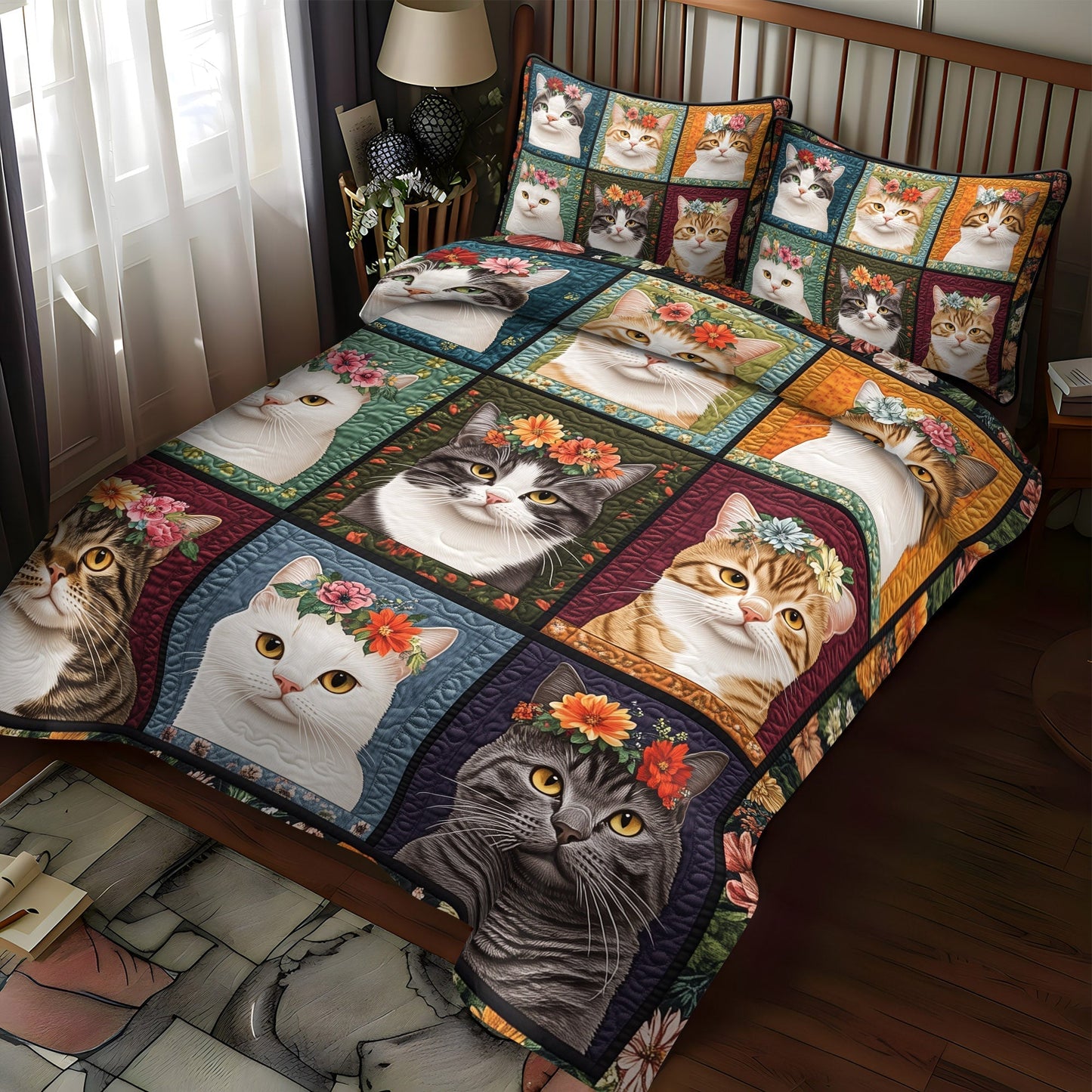 Flower Crown Felines 3-Piece Quilted Bedding Set - Single (59" x 70")