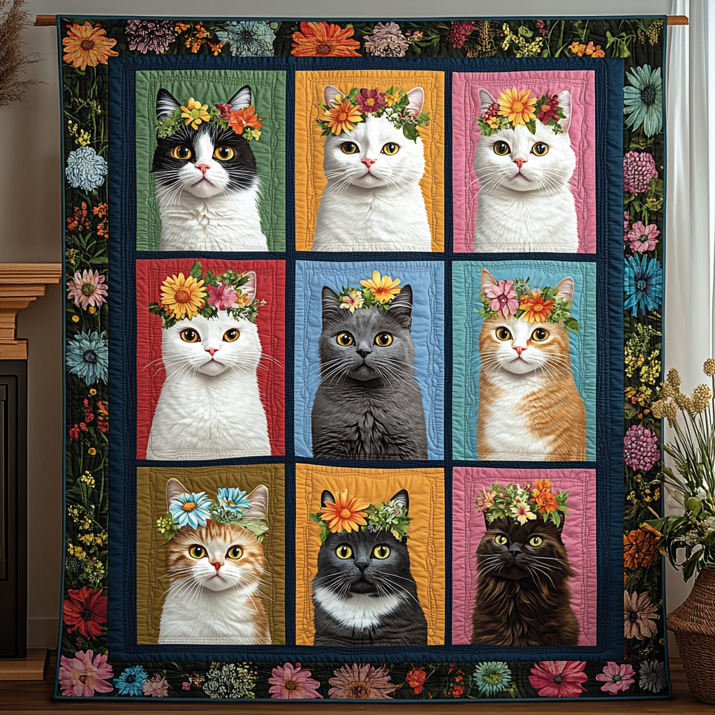 Flower Crown Felines Quilted Blanket - Throw (55" x 60")