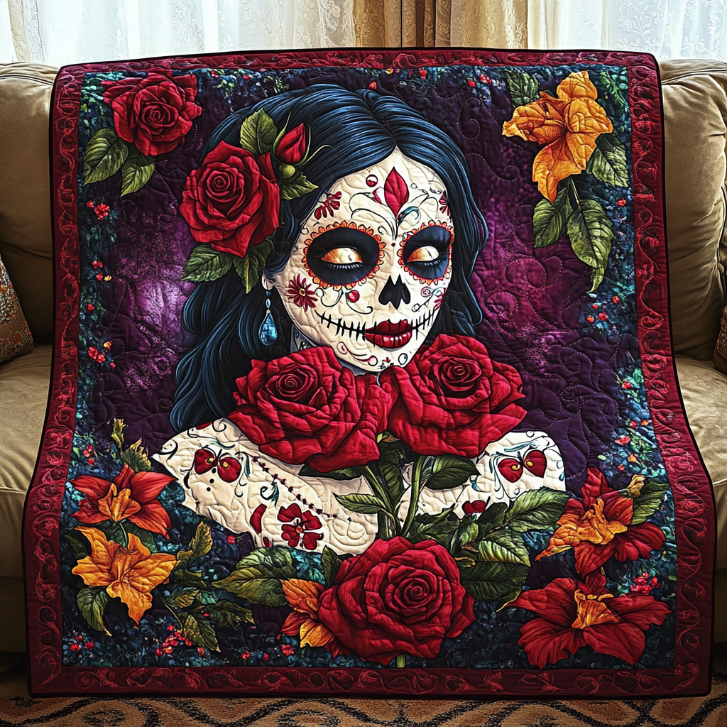 Flower Crown Skull Quilted Blanket - Throw (55" x 60")