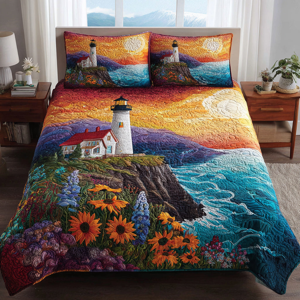 Flower Lighthouse Cliff 3-Piece Quilted Bedding Set - Single (59" x 70")
