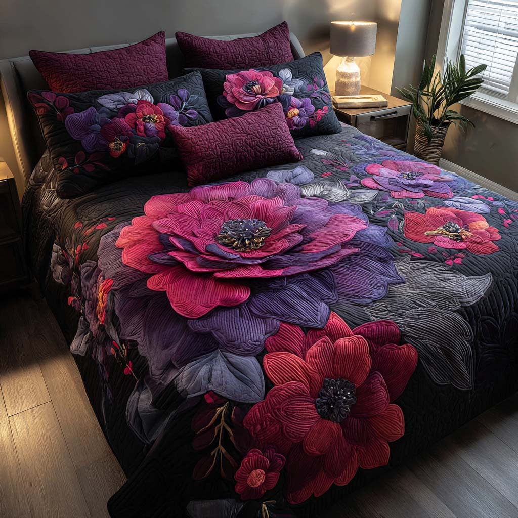 Flower Serenity 3-Piece Quilted Bedding Set - Single (59" x 70")