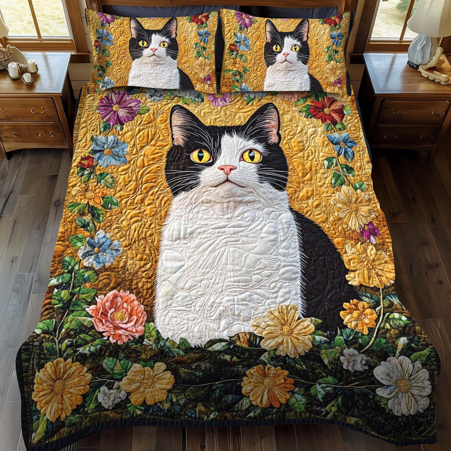 Flowered Feline 3-Piece Quilted Bedding Set - Single (59" x 70")