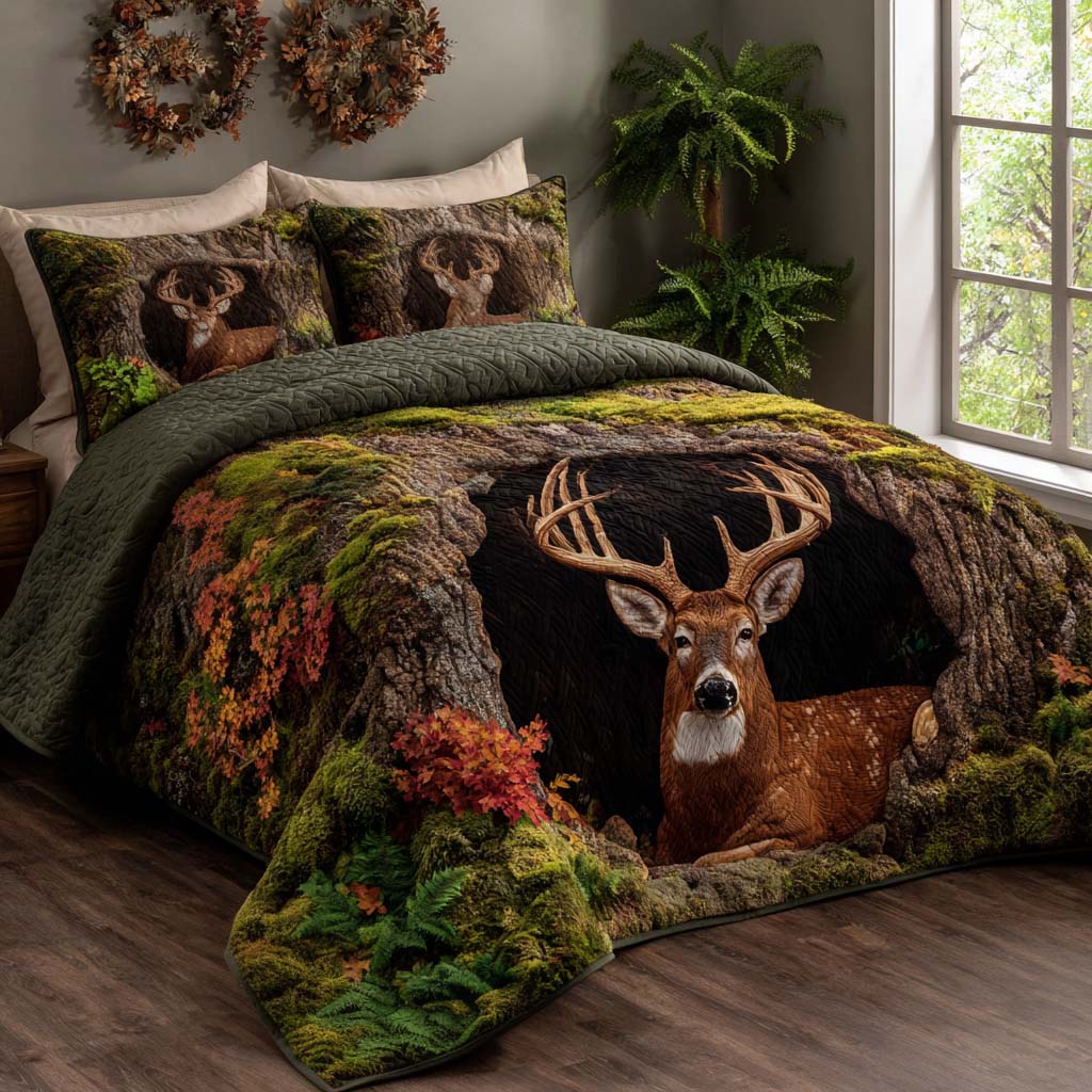 Forest Deer 3-Piece Quilted Bedding Set - Single (59" x 70")