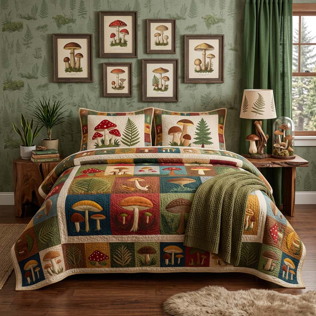 Forest Mushroom 3-Piece Quilted Bedding Set - Single (59" x 70")