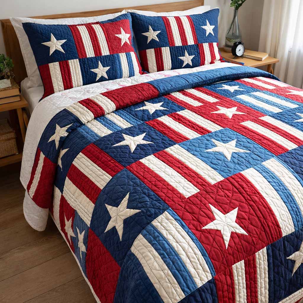 Freedom Blocks 3-Piece Quilted Bedding Set - Single (59" x 70")