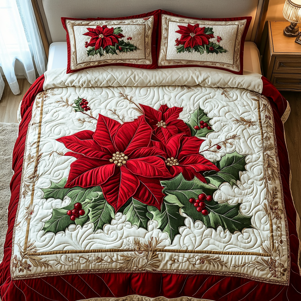 Frosted Poinsettia Quilted Bedding Set - Single (59" x 70")