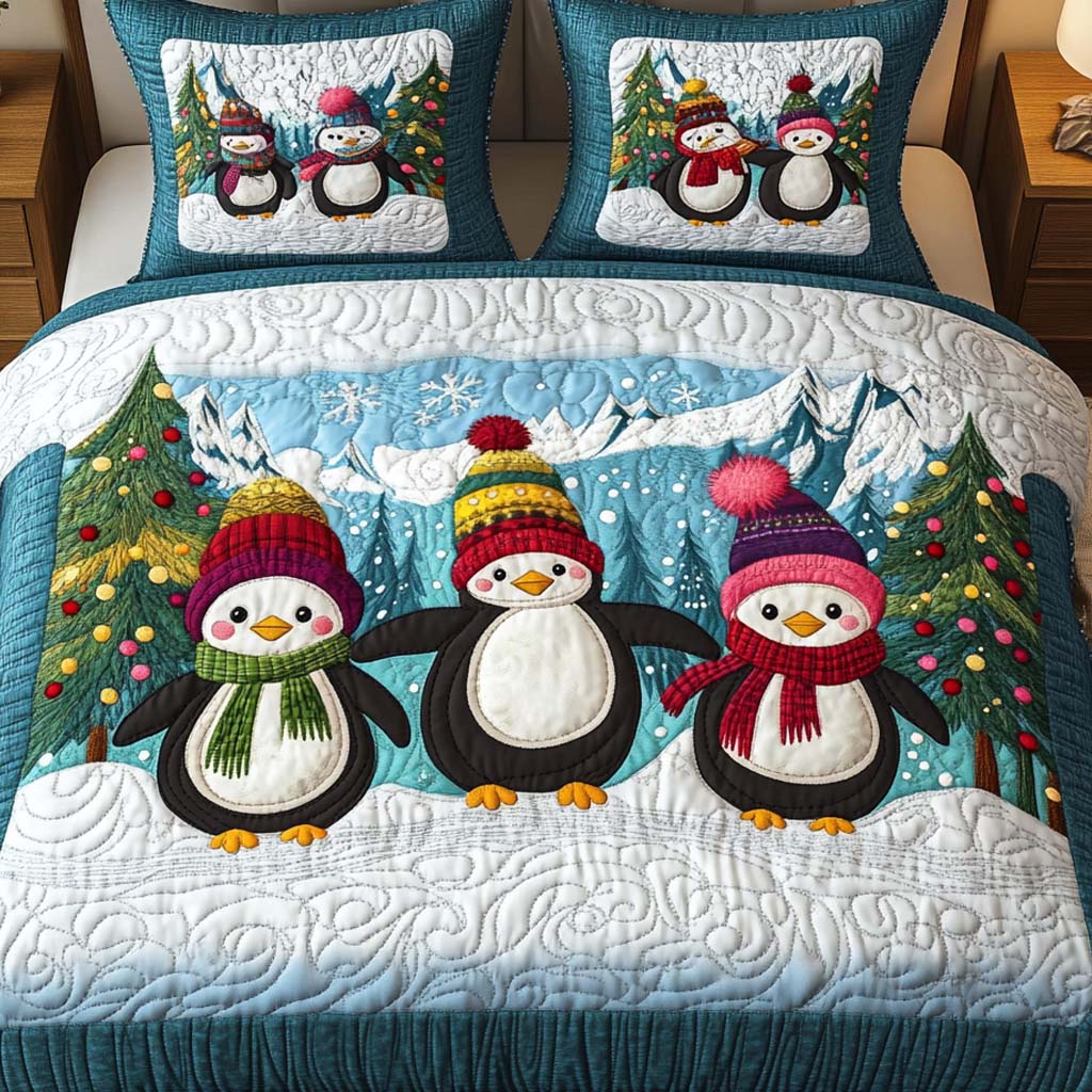 Frosty Penguins 3-Piece Quilted Bedding Set - Single (59" x 70")