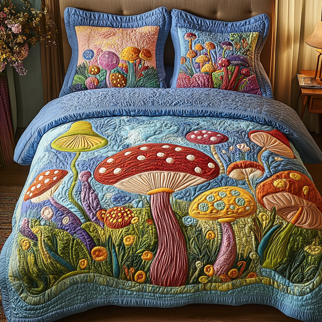 Fungi Garden 3-Piece Quilted Bedding Set - Single (59" x 70")