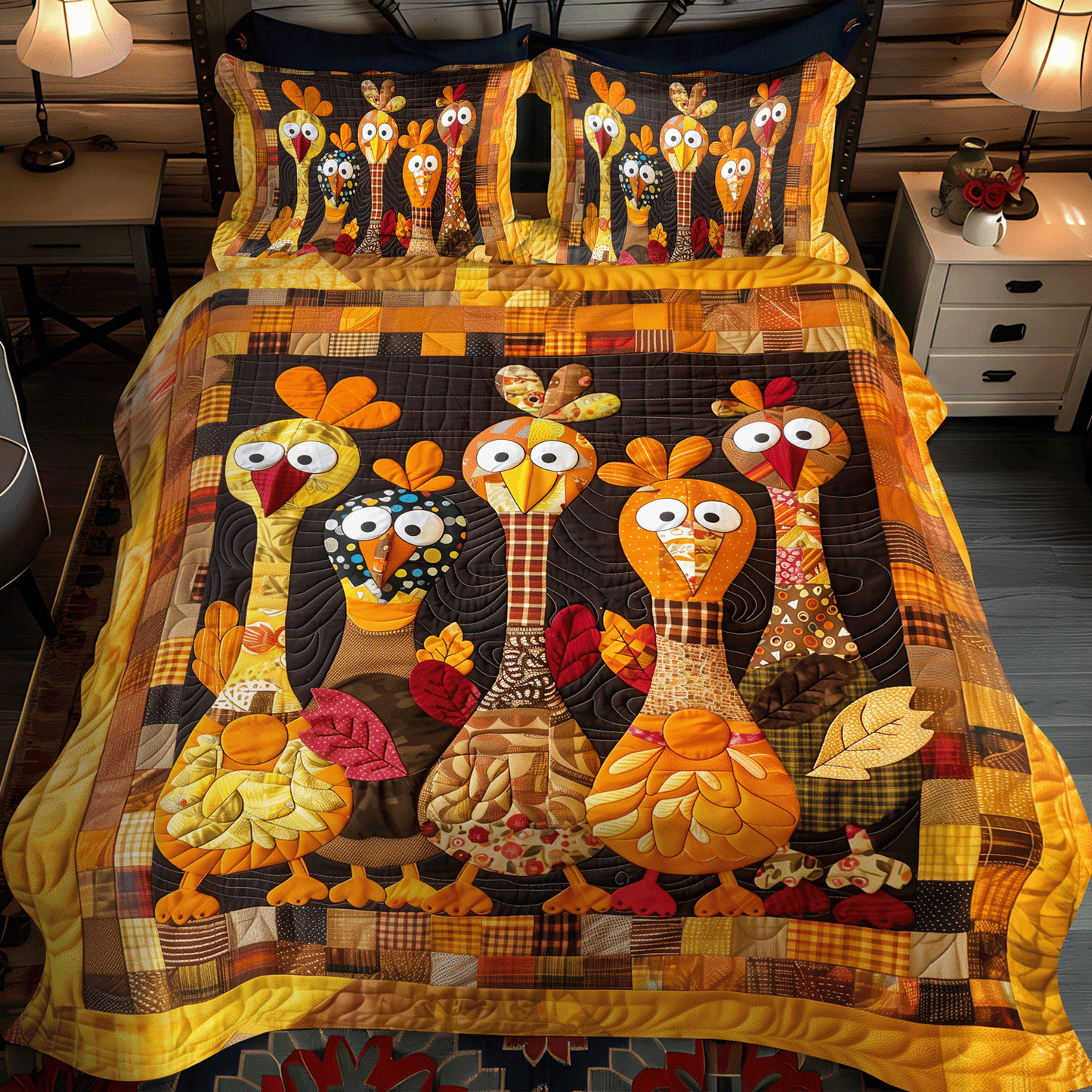 Funky Turkeys 3-Piece Quilted Bedding Set - Single (59" x 70")