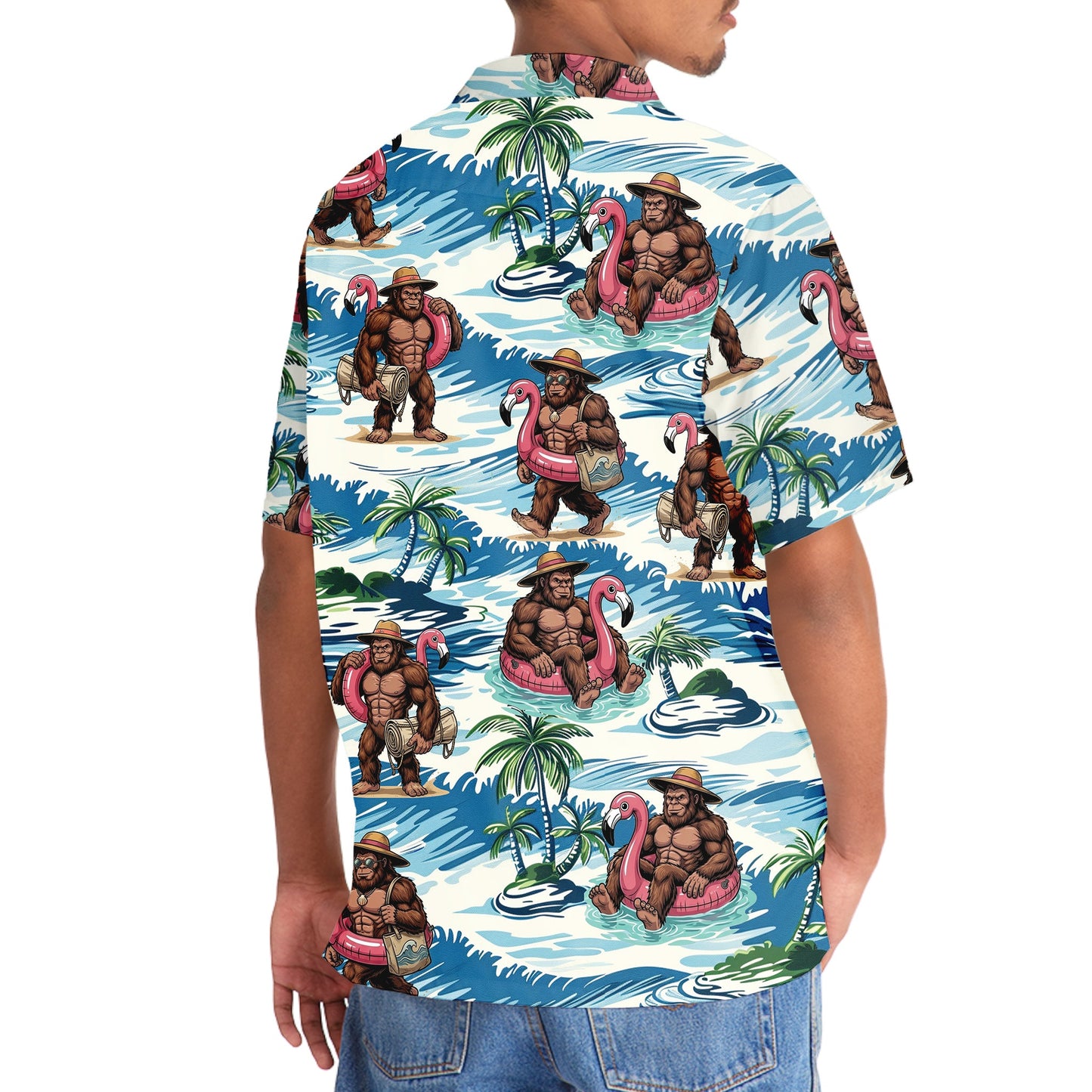 Funny Bigfoot Flamingo Float Vacation Hawaiian Shirt - 3XL - hawaiian shirt