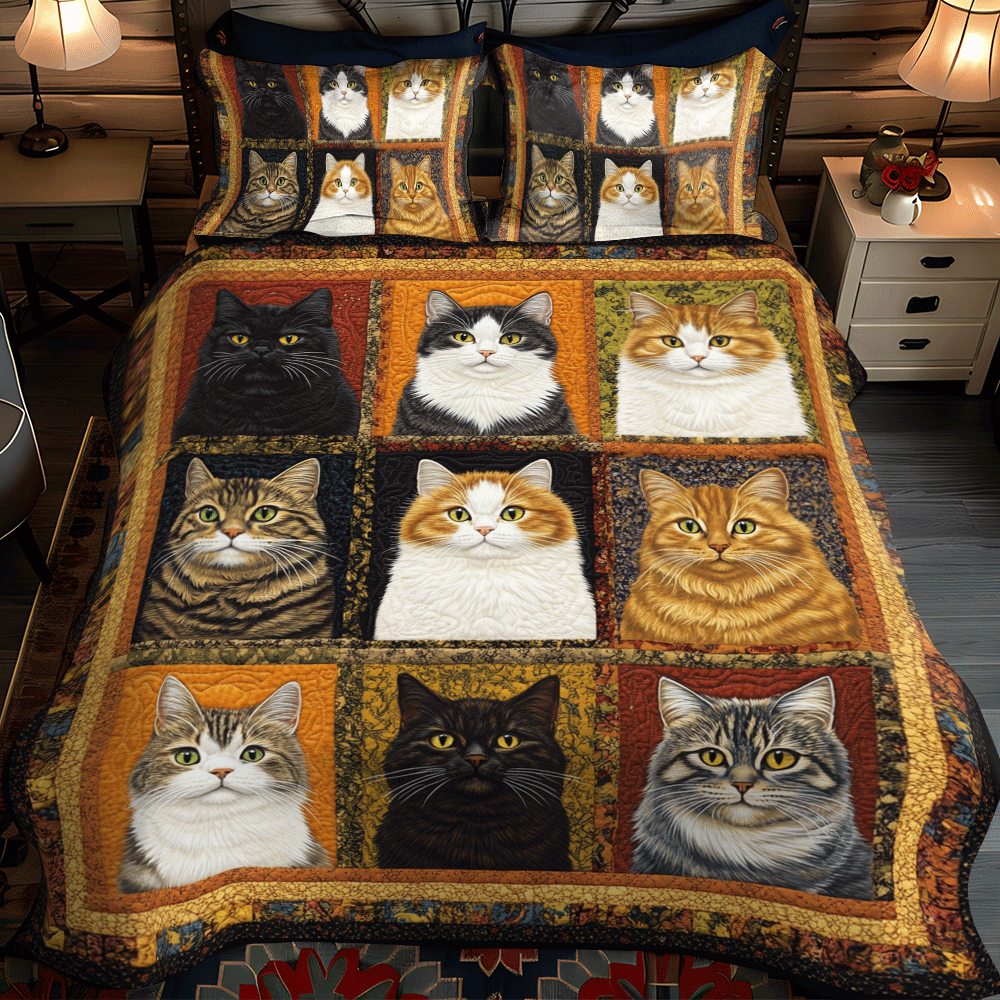 Funny Cat Patchwork 3-Piece Quilted Bedding Set - Single (59" x 70")