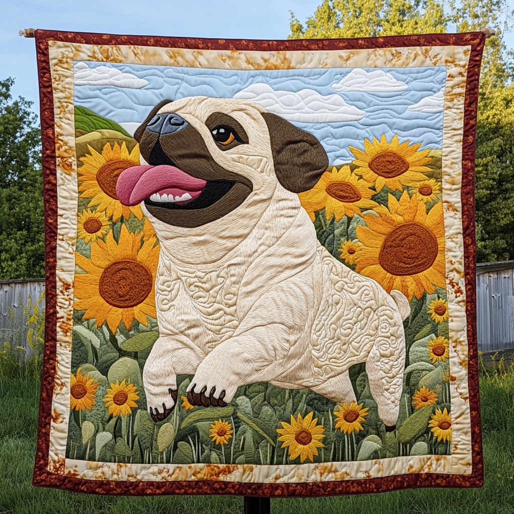 Furry Pug Friends Quilted Blanket - Throw (55" x 60")